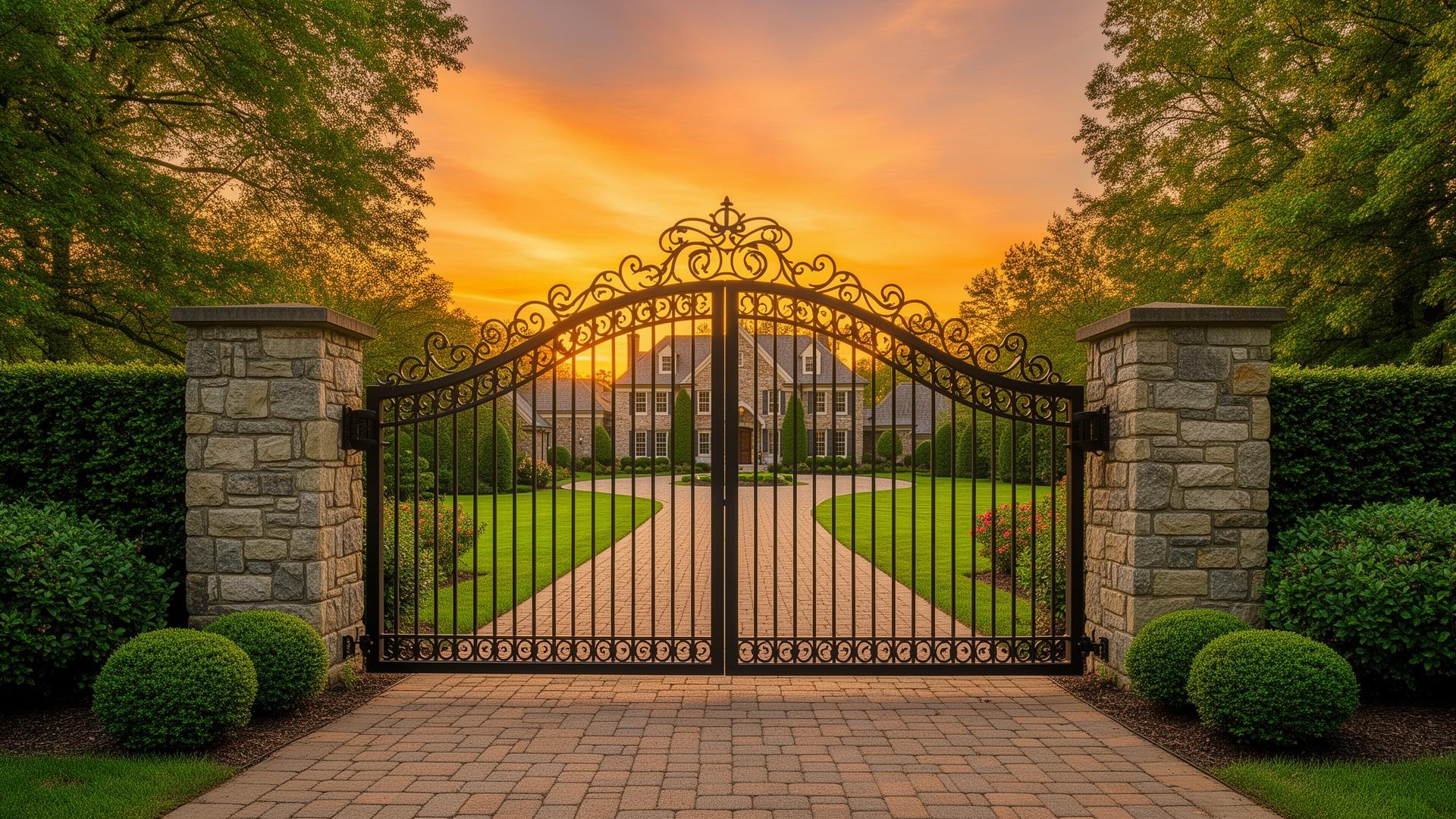 Premium driveway gates supplied and fitted at a UK property entrance — wooden and metal gate designs